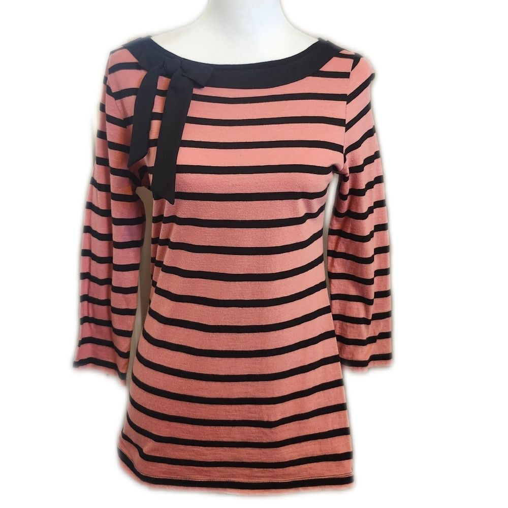 Loft Dusty Pink & Black Striped Boat Neck 3/4 Sleeve T-shirt Tee W/ Bow, S